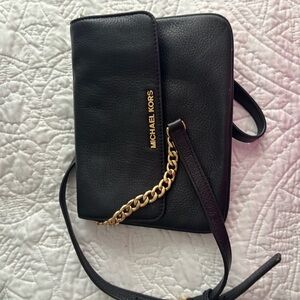 Michael Kors Black Leather Crossbody Bag with Gold Chain